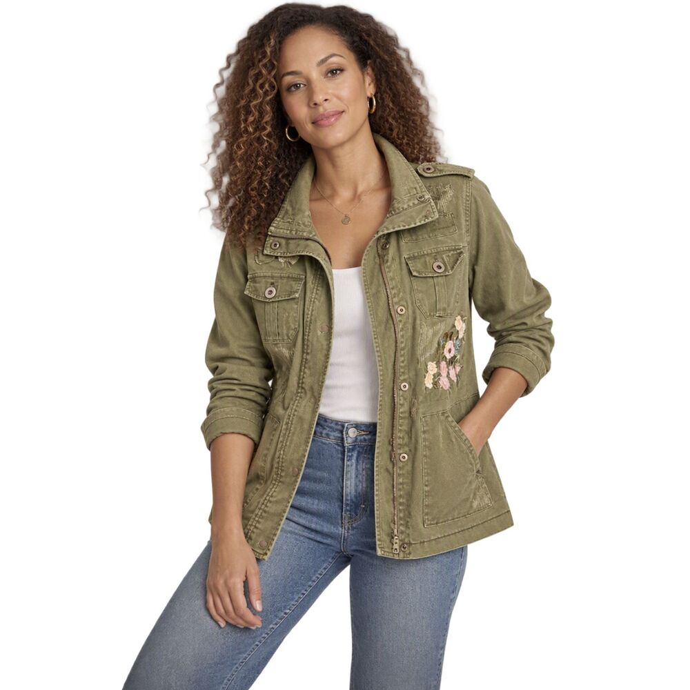 Kersh Olive Utility Jacket Small Floral Embroidered Distressed Military Cargo